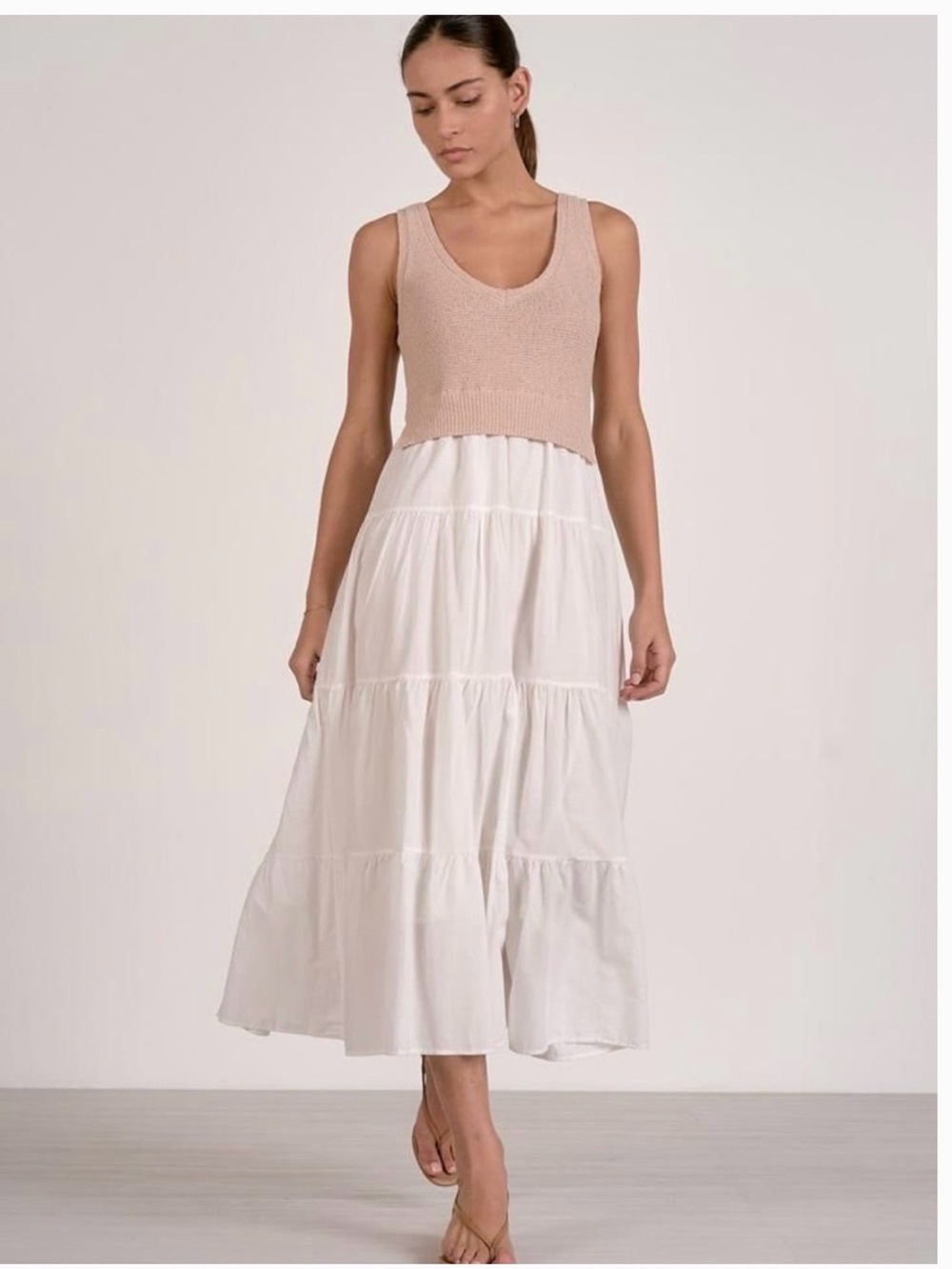 Elan Beige Knit Bodice with Black Tiered Maxi Dress